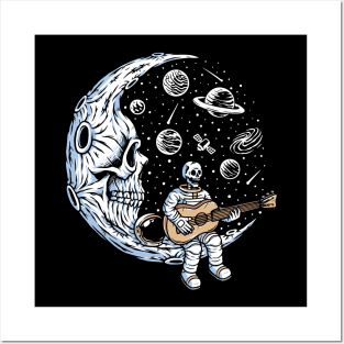 Funny Skeleton Astronaut Playing Guitar on Dead Moon Posters and Art